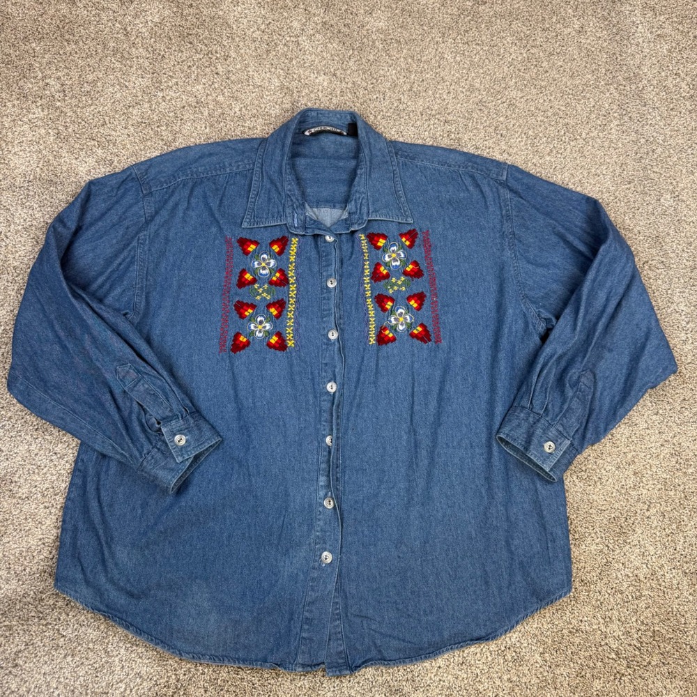 Cherokee Blue Denim Embroidered Floral Button Down Shirt Womens 20W Cotton